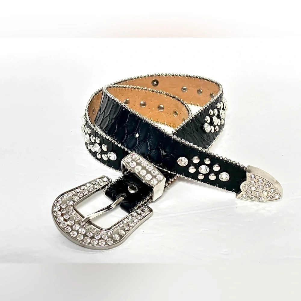 Womens Western Rhinestone Belt 24-26 black rockabilly bling studs cowgirl 3490